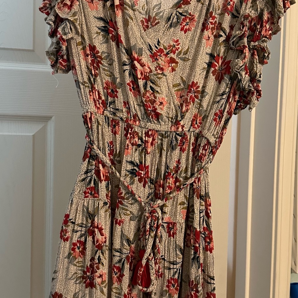 Angie Cream and Red Floral Midi Dress
